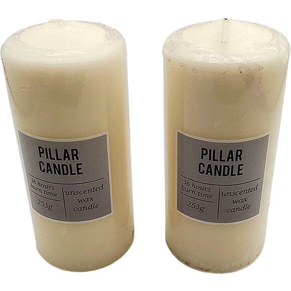2 New Unscented Wax Pillar Candles White 72 Hours Total Burn Time Made in UK - Picture 1 of 5